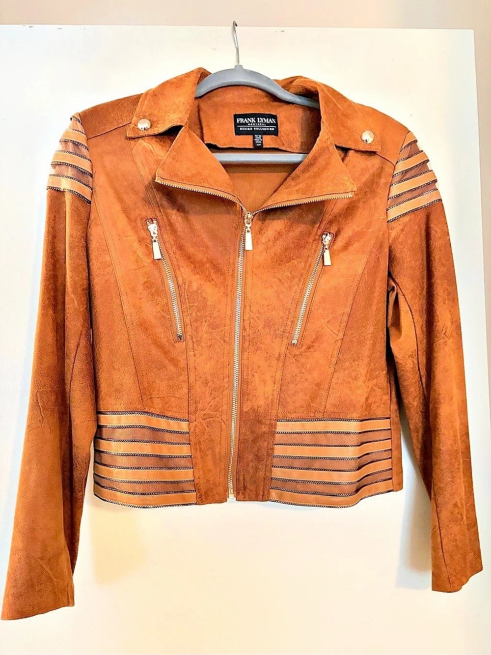 Frank Lyman Faux Suede Moto Jacket Style 233852U Brown Medium